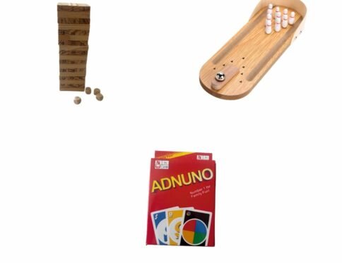 Fun & Engaging Game Set: Mini Wooden Bowling, ANDUNO Card Game & Jenga Blocks (54 Pcs)